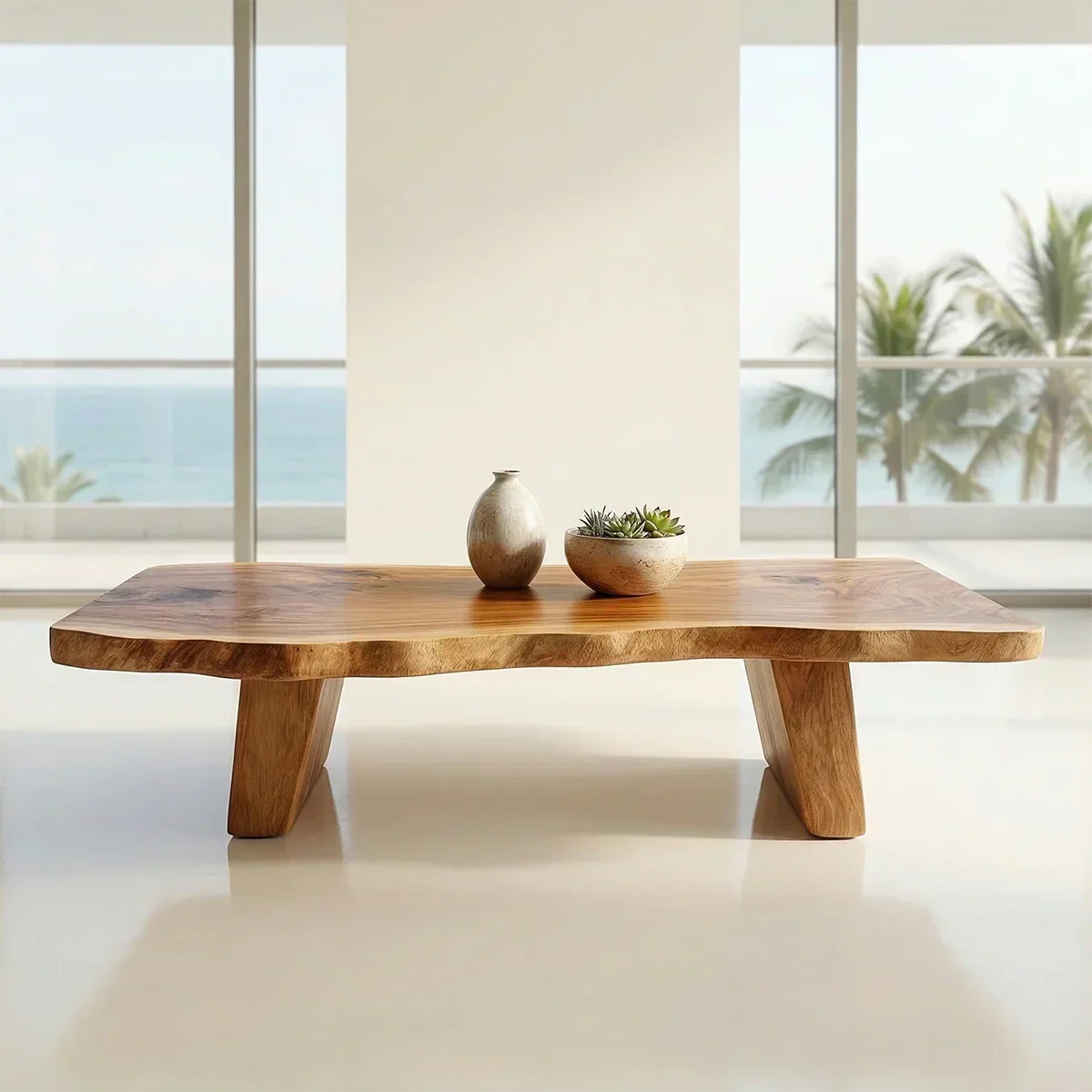 Organic Live Edge Coffee Table with Double Pedestal Base in Natural Solid Wood - Rustirawood
