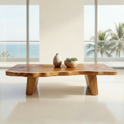 Organic Live Edge Coffee Table with Double Pedestal Base in Natural Solid Wood - Rustirawood