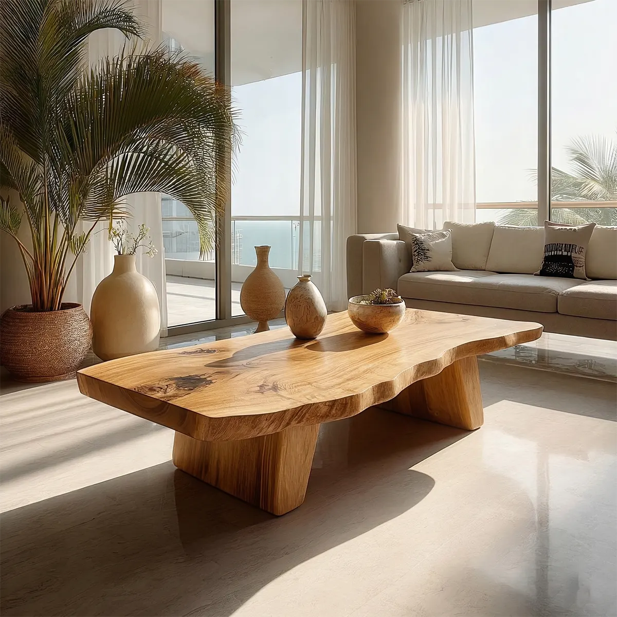 Organic Live Edge Coffee Table with Double Pedestal Base in Natural Solid Wood - Rustirawood