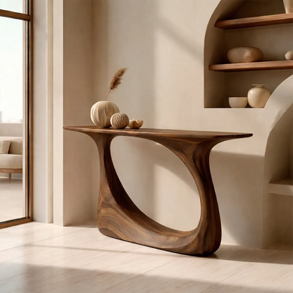 Organic Sculptural Solid Wood Console Table with Curved Artistic Base - Woodenecho