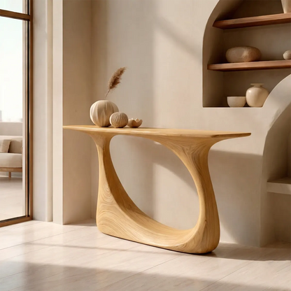 Organic Sculptural Solid Wood Console Table with Curved Artistic Base - Woodenecho