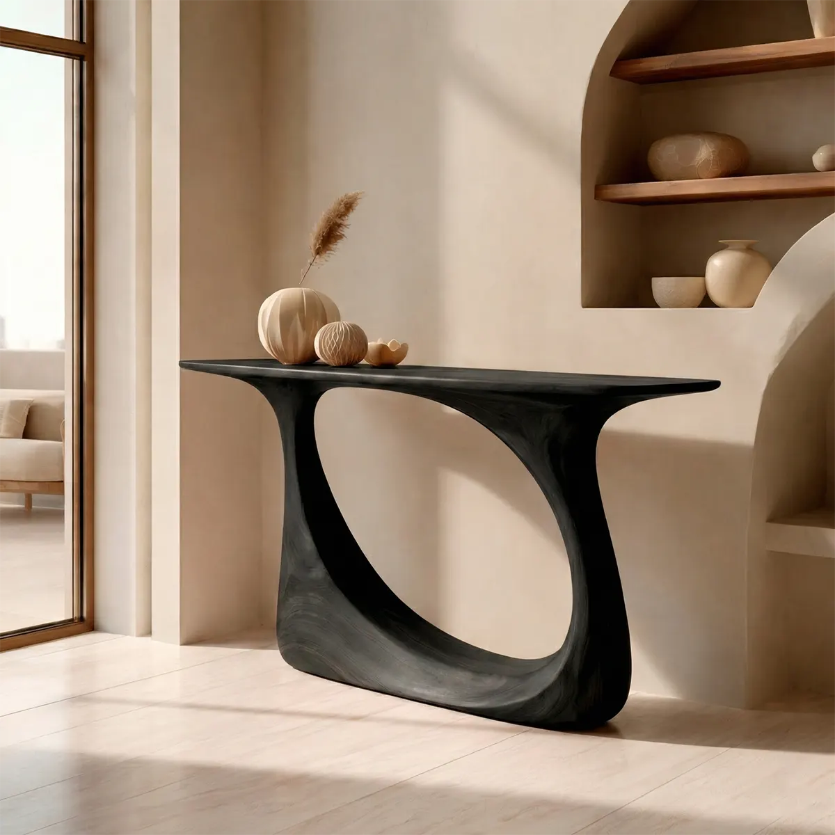 Organic Sculptural Solid Wood Console Table with Curved Artistic Base - Woodenecho