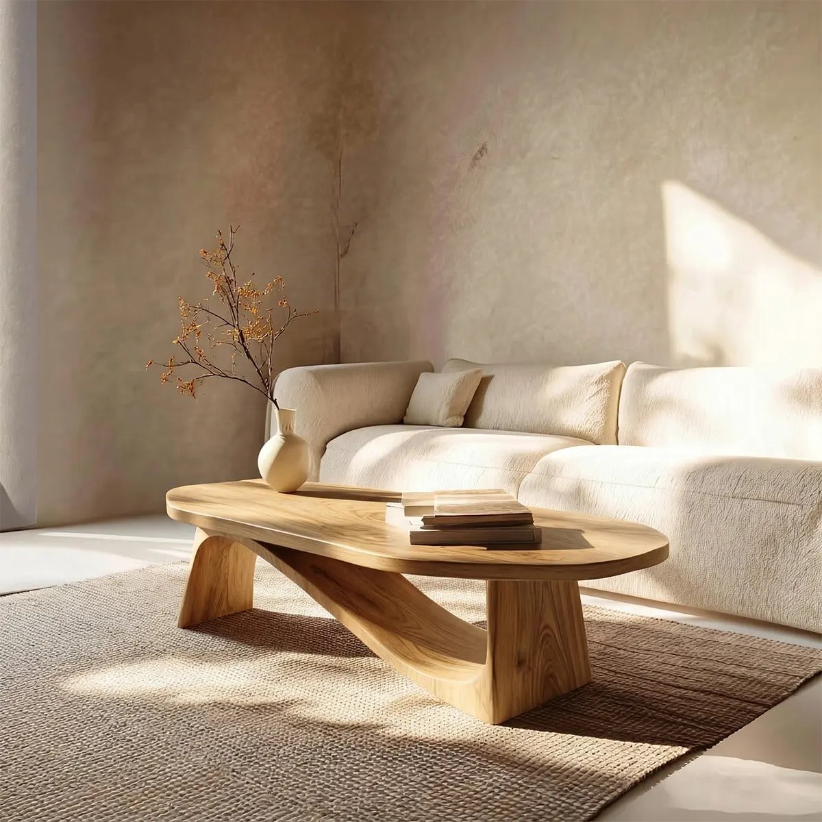 Oval Sculptural Coffee Table with Bridge Base in Natural Solid Wood - Rustirawood