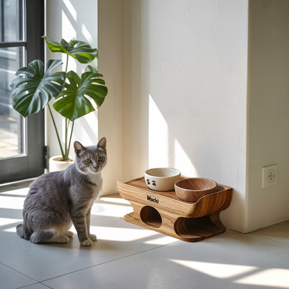 Mid Century Dog Food Bowl Stand With Wooden Base