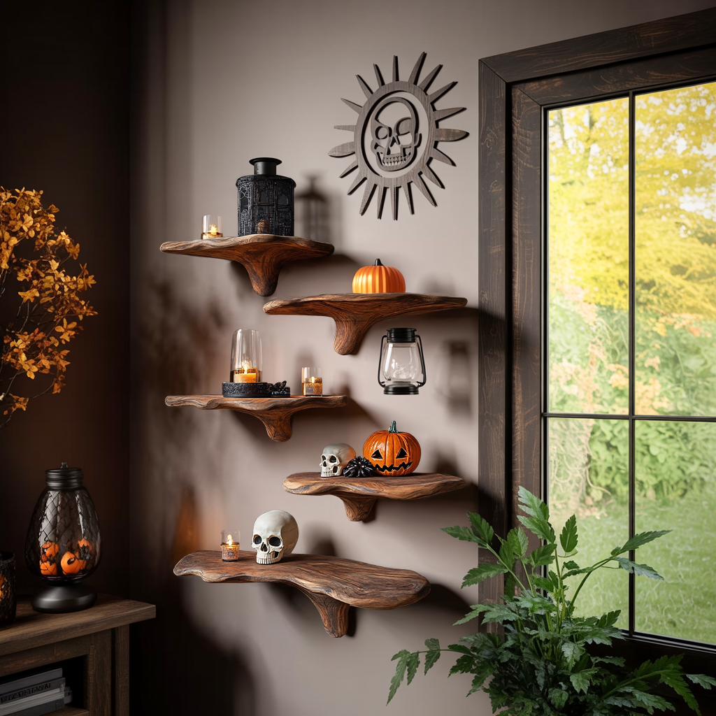 Mid Century Live Edge Mushroom Shelf Halloween Bedroom Styling