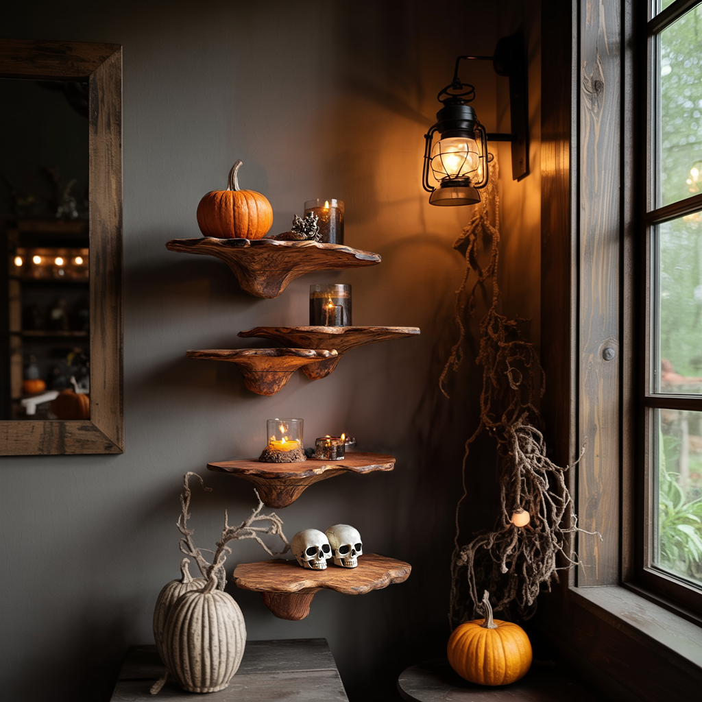 Farmhouse Live Edge Mushroom Shelf For Halloween Bedroom Decor