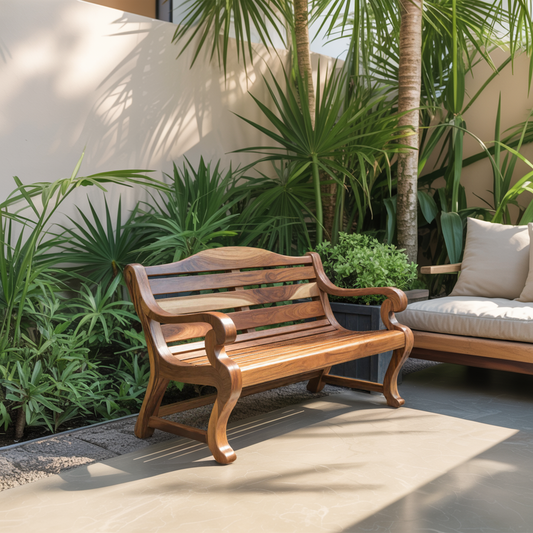 Classic Curved Wood Garden Bench With Sculpted Arms For Patio Or Entryway