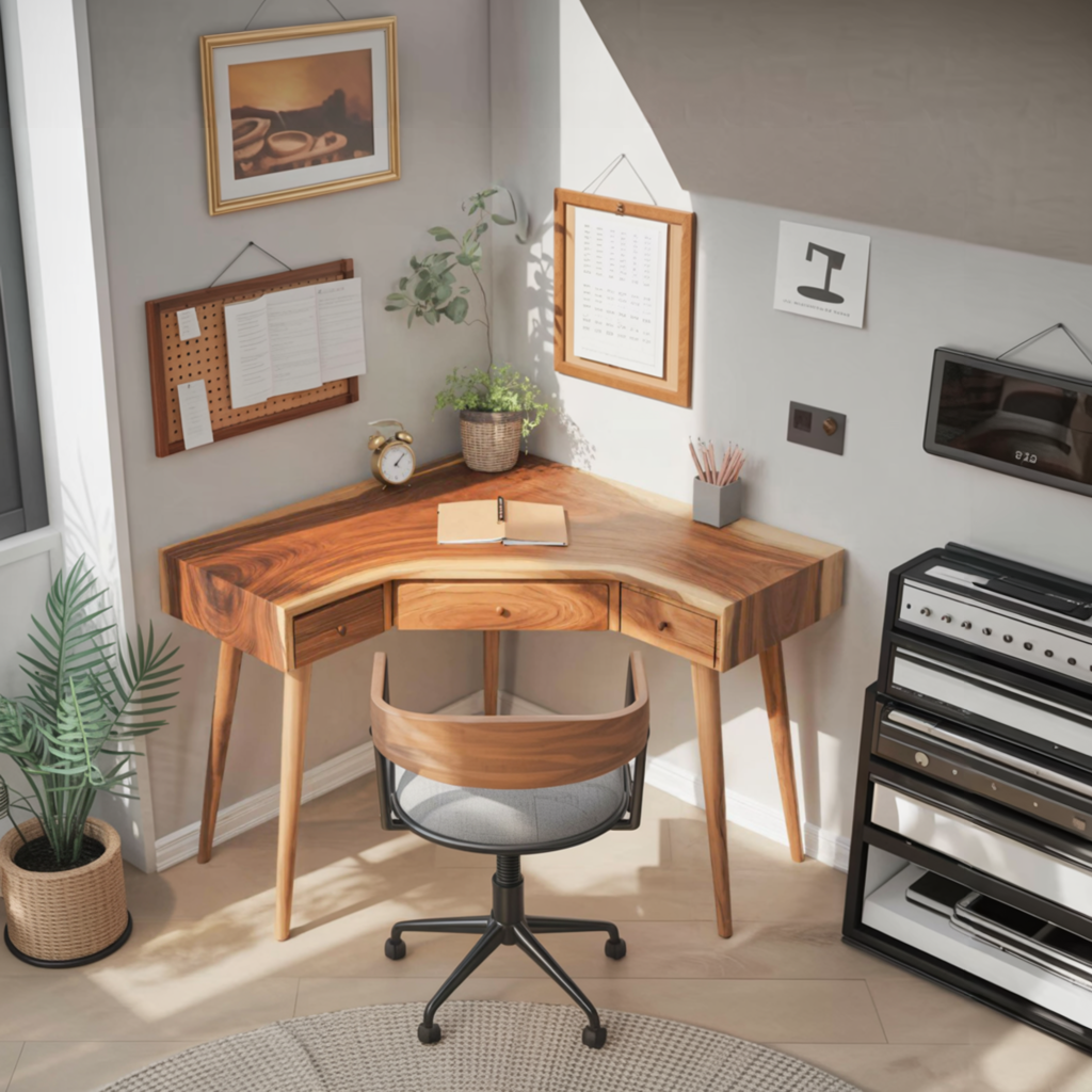 Mid Century Corner Wooden Desk With Drawer For Home Office Or Study