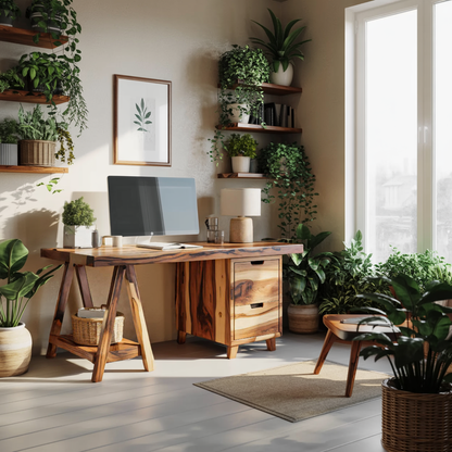 Modern Rustic Wood Desk With Drawers And A Frame Legs For Home Office