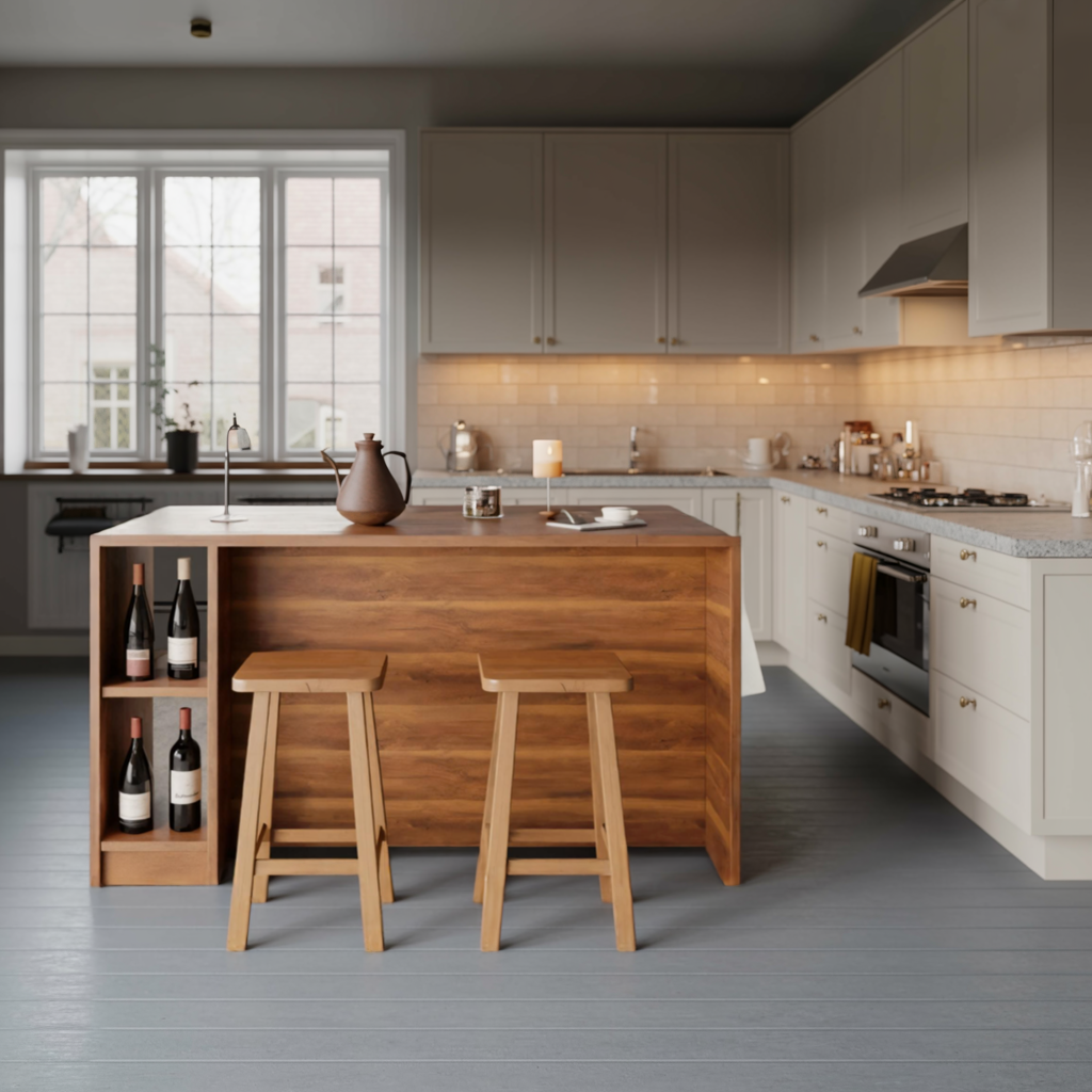 Contemporary Warm Wood Bar Table With Storage For Kitchen Or Breakfast Nook