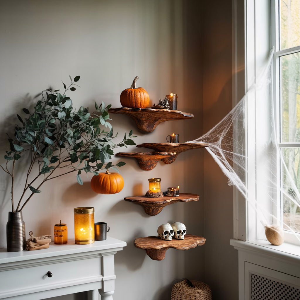 Farmhouse Live Edge Mushroom Shelf For Halloween Bedroom Decor