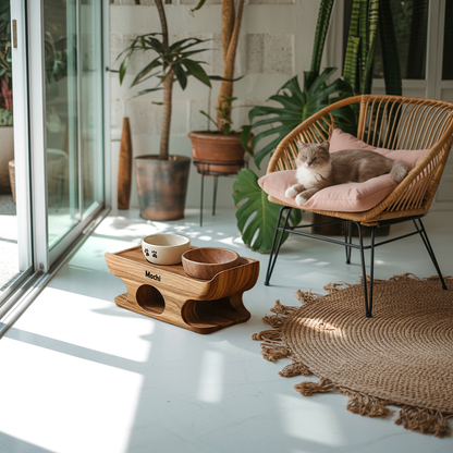 Mid Century Dog Food Bowl Stand With Wooden Base