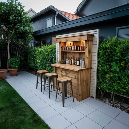 Rustic Wall Mounted Outdoor Bar With Shelves And Lights For Garden Or Patio