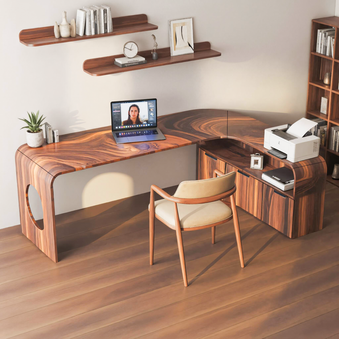 Modern L Shaped Wooden Desk With Rounded Corners For Executive Office