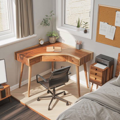 Mid Century Corner Wooden Desk With Drawer For Home Office Or Study