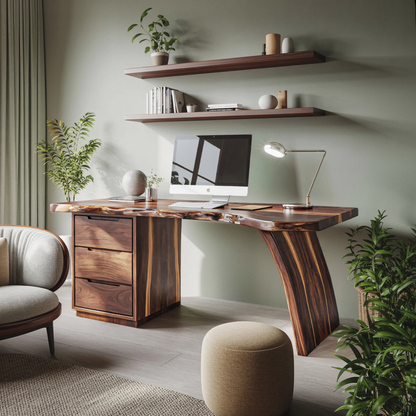 Artisan Live Edge Wooden Desk With Curved Legs For Home Office
