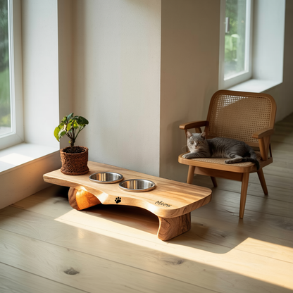 Wooden Dog Bowl Holder Rustic Style For Kitchen Decor