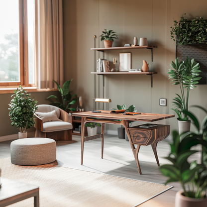Mid Century Modern Wooden Writing Desk With Floating Drawer For Studio