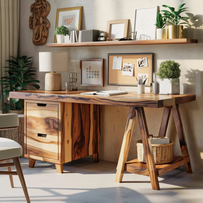 Modern Rustic Wood Desk With Drawers And A Frame Legs For Home Office