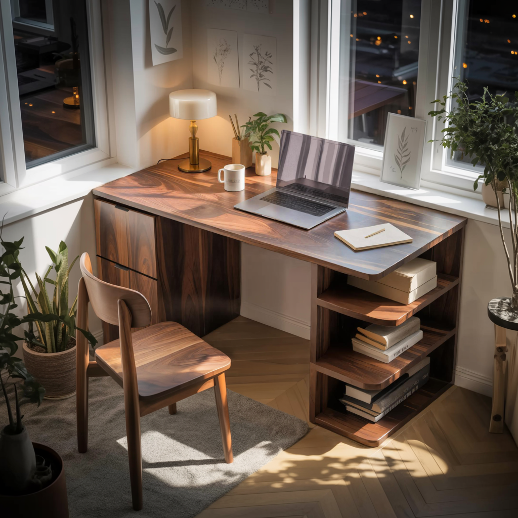 Contemporary Wooden Desk With Shelves And Drawers For Home Office