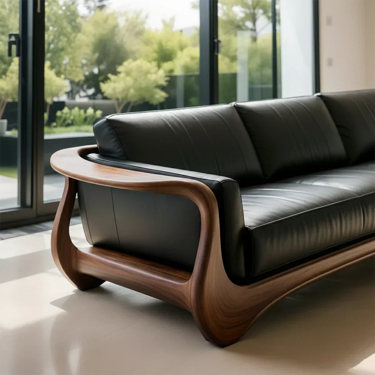 Premium Leather & Natural Solid Wood Sofa – Sculpted Modern Form - Rustirawood