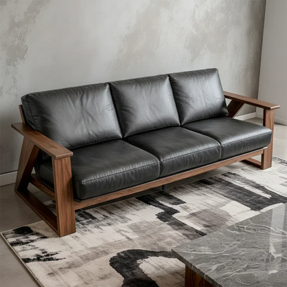 Premium Leather Sofa with Modern Z-Frame in Natural Solid Wood - Rustirawood