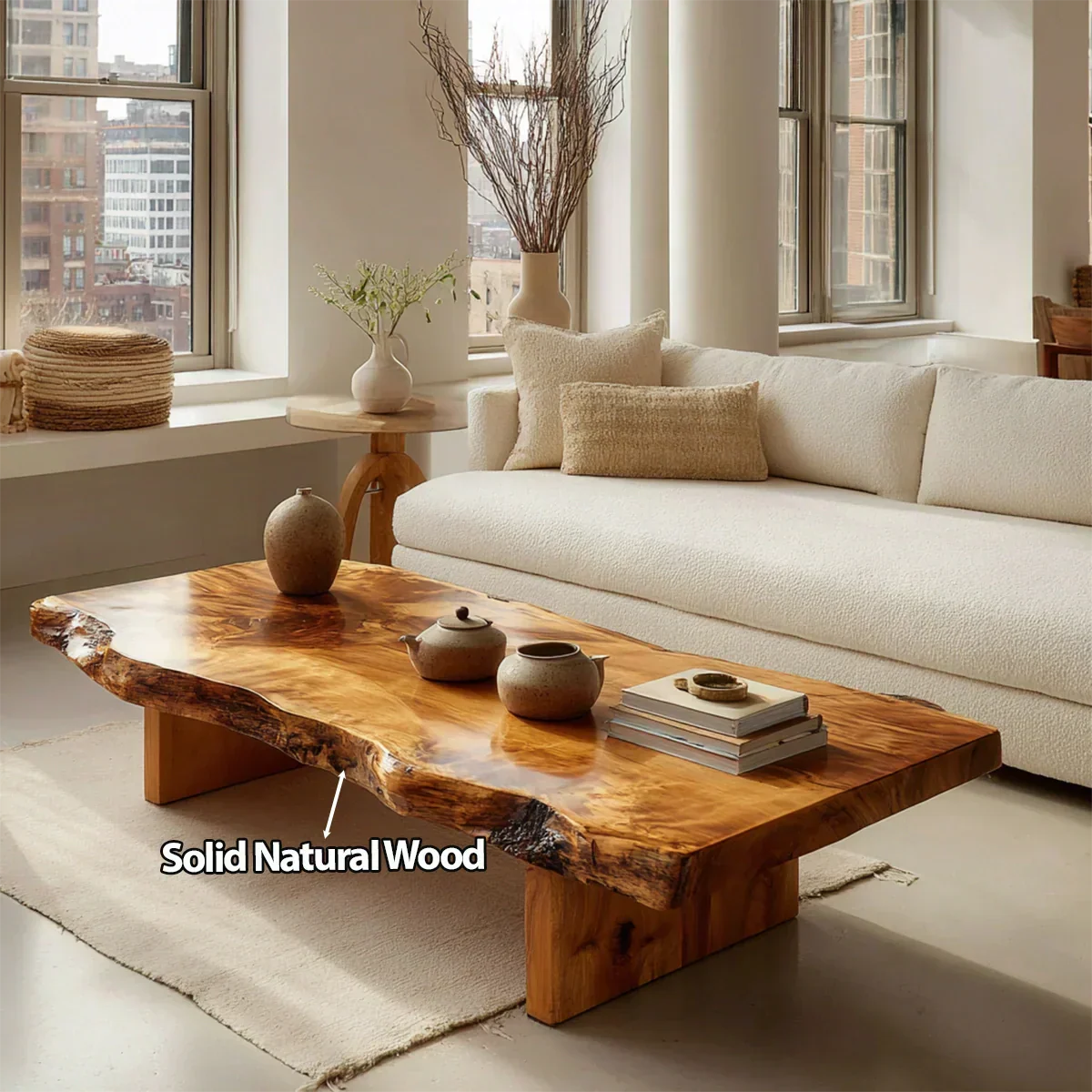 Premium Live Edge Coffee Table with Low Pedestal Base in Natural Solid Wood - Rustirawood