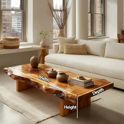 Premium Live Edge Coffee Table with Low Pedestal Base in Natural Solid Wood - Rustirawood