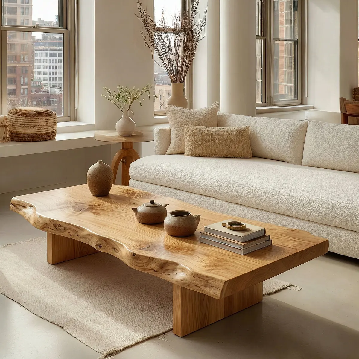 Premium Live Edge Coffee Table with Low Pedestal Base in Natural Solid Wood - Rustirawood