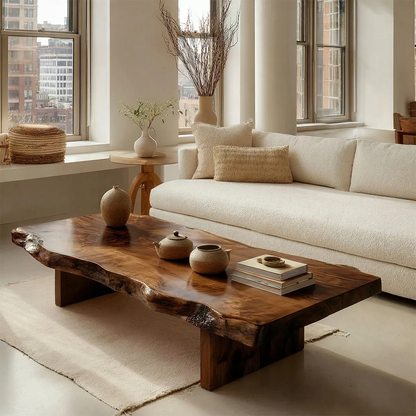 Premium Live Edge Coffee Table with Low Pedestal Base in Natural Solid Wood - Rustirawood