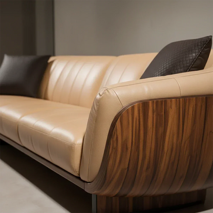 Premium Solid Wood Leather Sofa – Modern Sculptural Design - Rustirawood