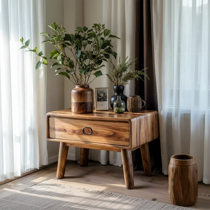 Rounded Solid Wood Nightstand – Minimalist Single-Drawer Design - Rustirawood