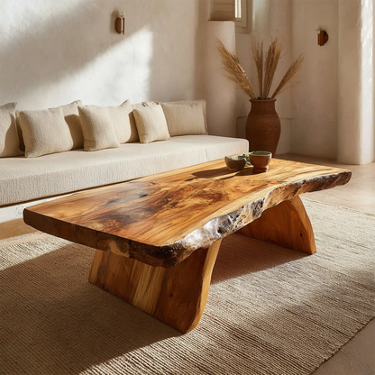 Rustic Live Edge Slab Coffee Table with Solid Block Base in Natural Solid Wood - Rustirawood