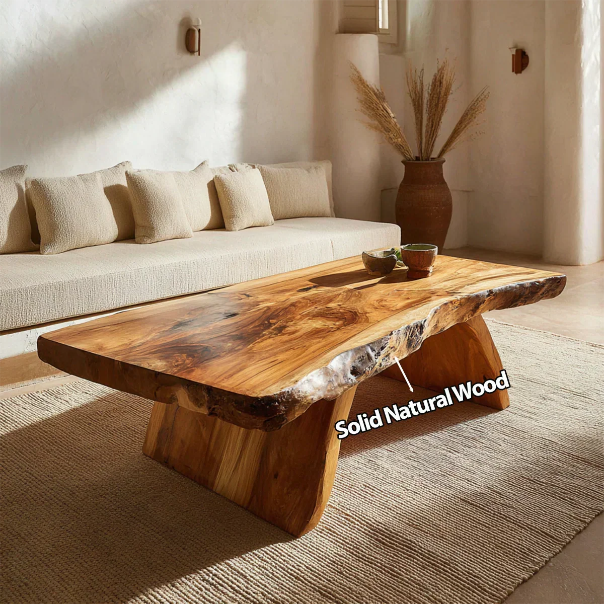 Rustic Live Edge Slab Coffee Table with Solid Block Base in Natural Solid Wood - Rustirawood