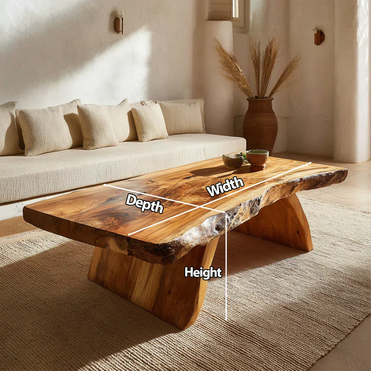 Rustic Live Edge Slab Coffee Table with Solid Block Base in Natural Solid Wood - Rustirawood