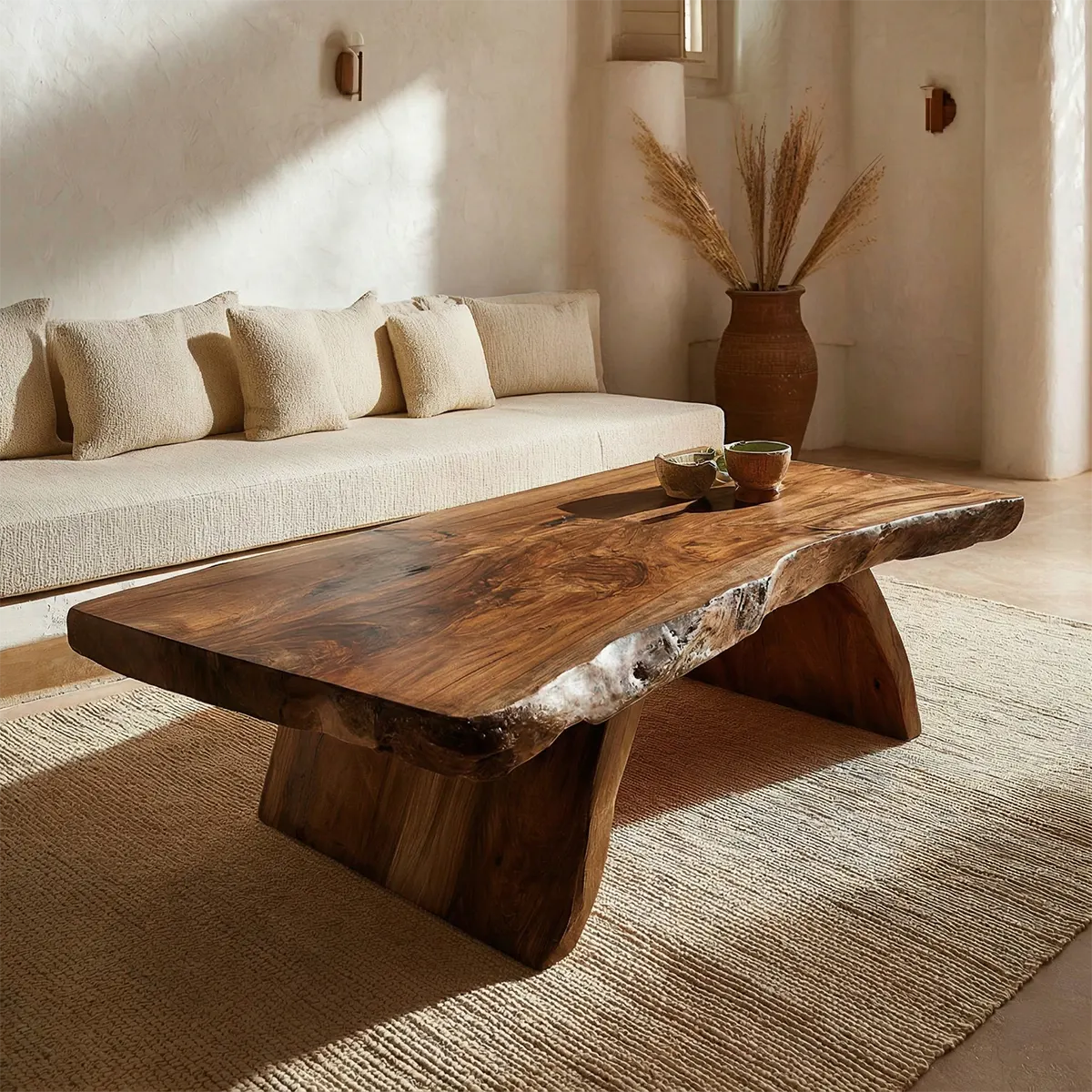 Rustic Live Edge Slab Coffee Table with Solid Block Base in Natural Solid Wood - Rustirawood
