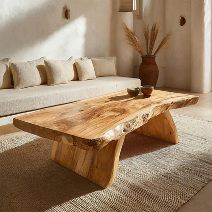 Rustic Live Edge Slab Coffee Table with Solid Block Base in Natural Solid Wood - Rustirawood