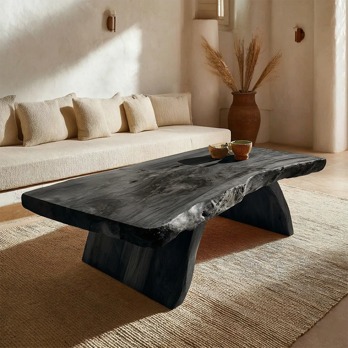 Rustic Live Edge Slab Coffee Table with Solid Block Base in Natural Solid Wood - Rustirawood