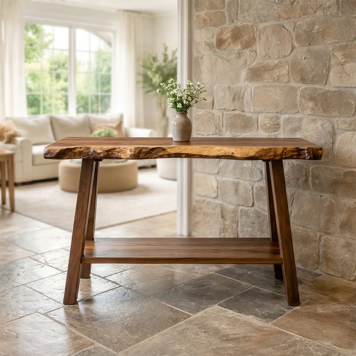 Rustic Live Edge Solid Wood Console Table with Storage Shelf - Woodenecho