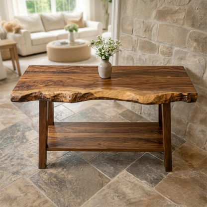 Rustic Live Edge Solid Wood Console Table with Storage Shelf - Woodenecho