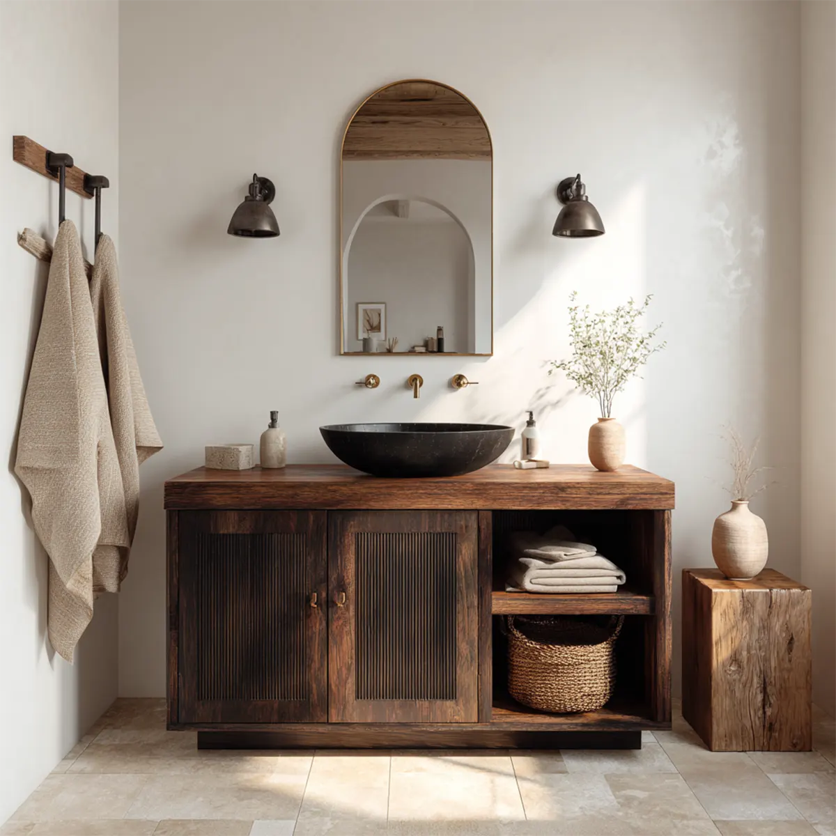 Rustic Natural Solid Wood Bathroom Vanity Cabinet with Open Shelf - Rustirawood