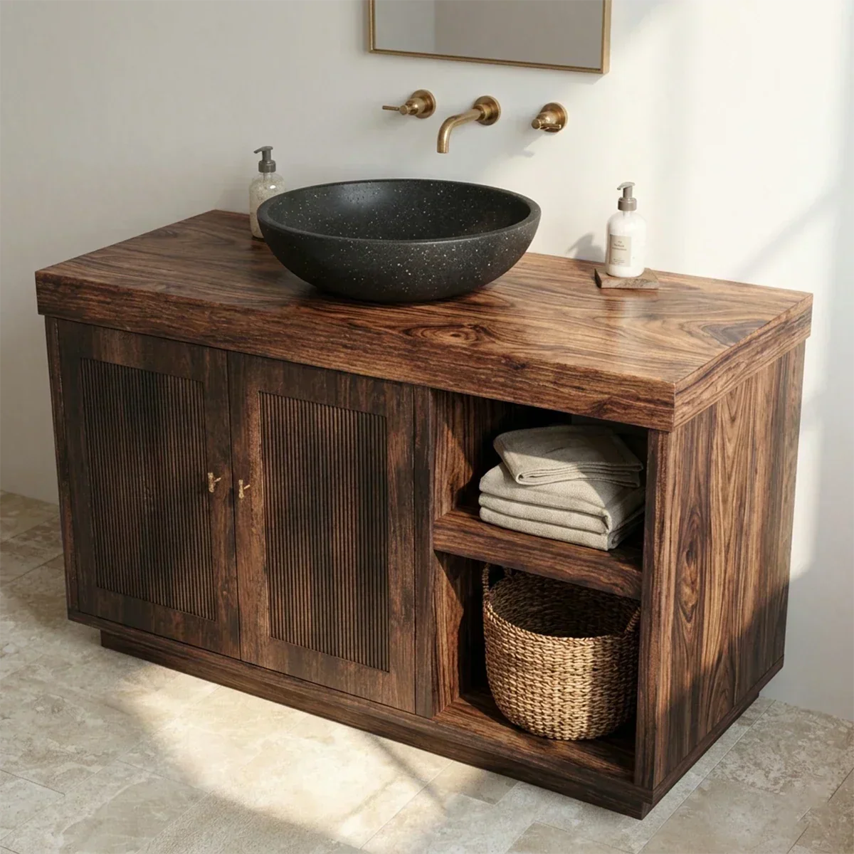 Rustic Natural Solid Wood Bathroom Vanity Cabinet with Open Shelf - Rustirawood
