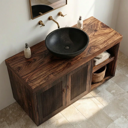 Rustic Natural Solid Wood Bathroom Vanity Cabinet with Open Shelf - Rustirawood
