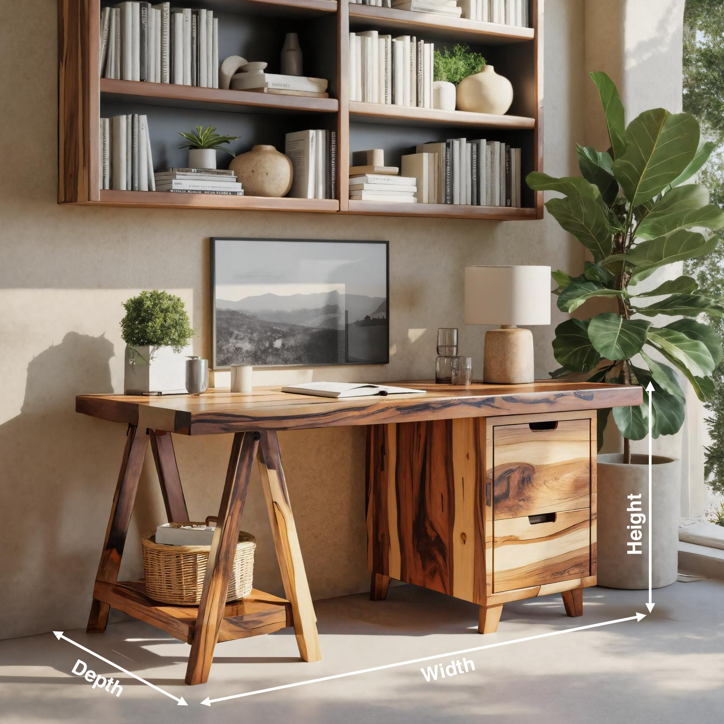 Modern Rustic Wood Desk With Drawers And A Frame Legs For Home Office