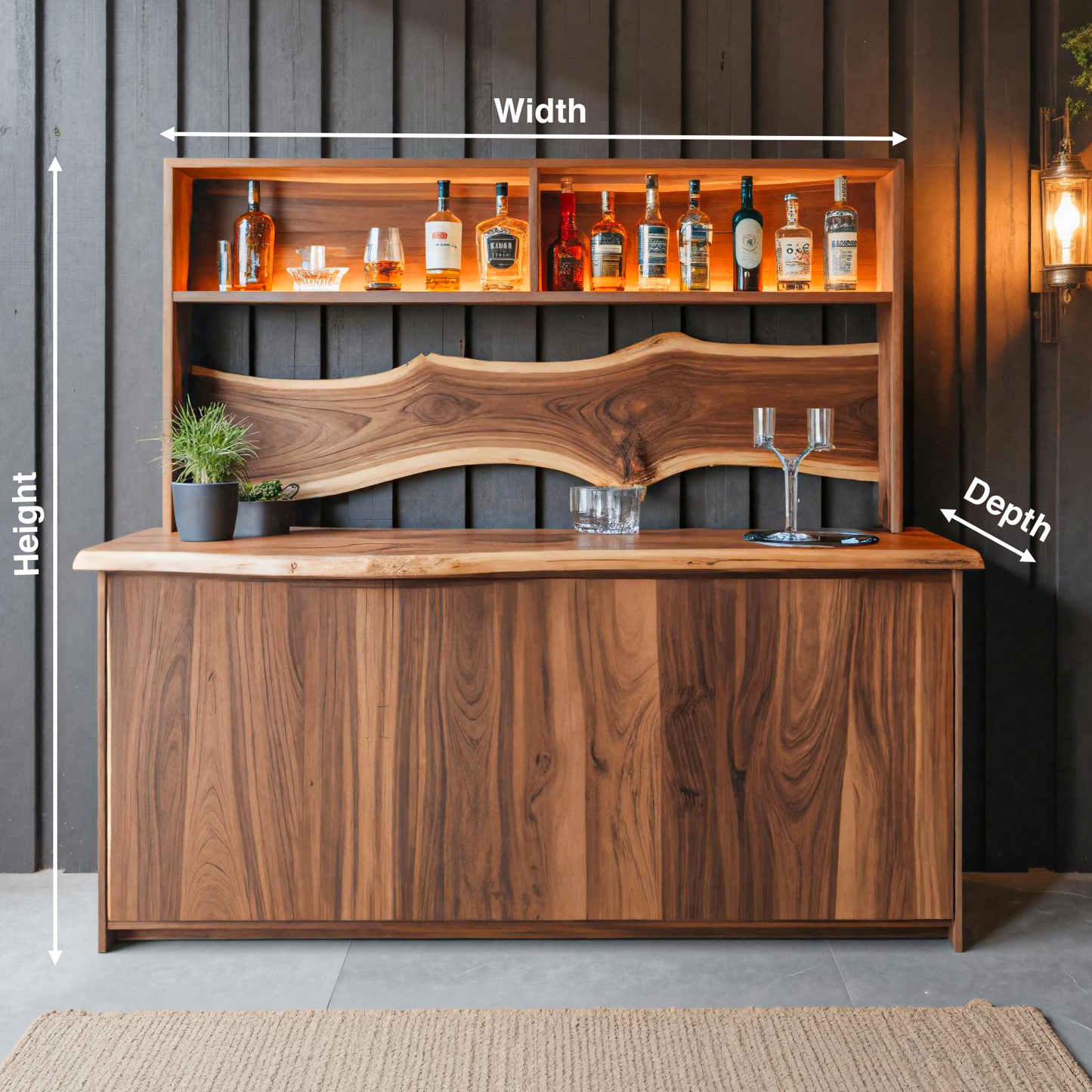 Modern Live Edge Indoor Bar Table With Wave Shelf For Home Lounge