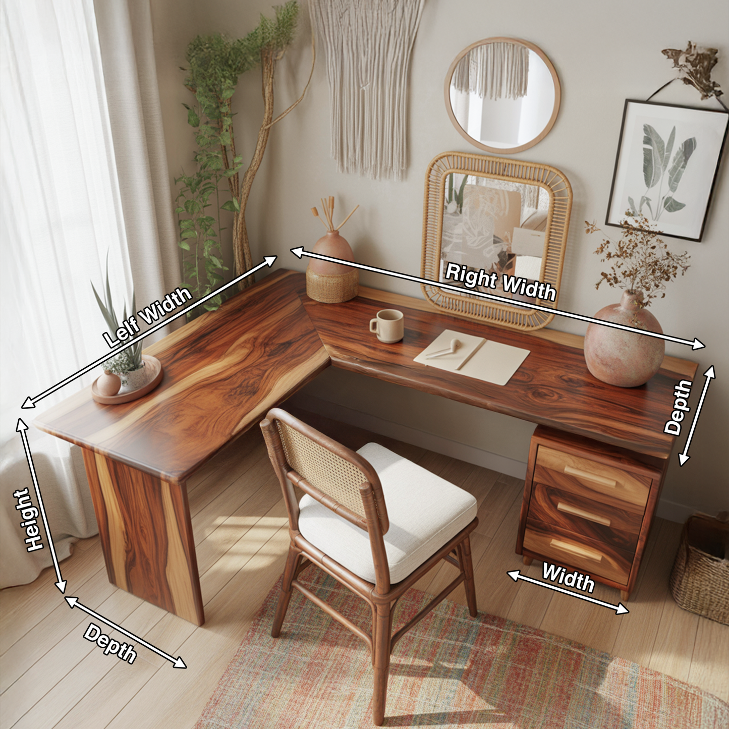 Modern L Shaped Wood Desk With Drawers For Home Office Or Vanity