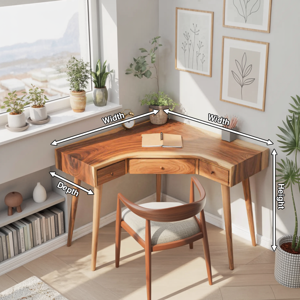 Mid Century Corner Wooden Desk With Drawer For Home Office Or Study