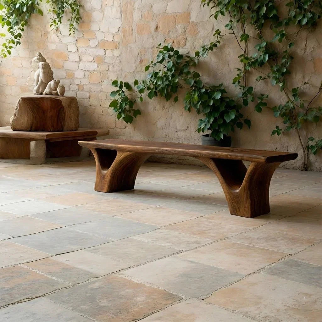 Sculpted Arch-Base Solid Wood Bench – Modern Fluid Silhouette - Rustirawood