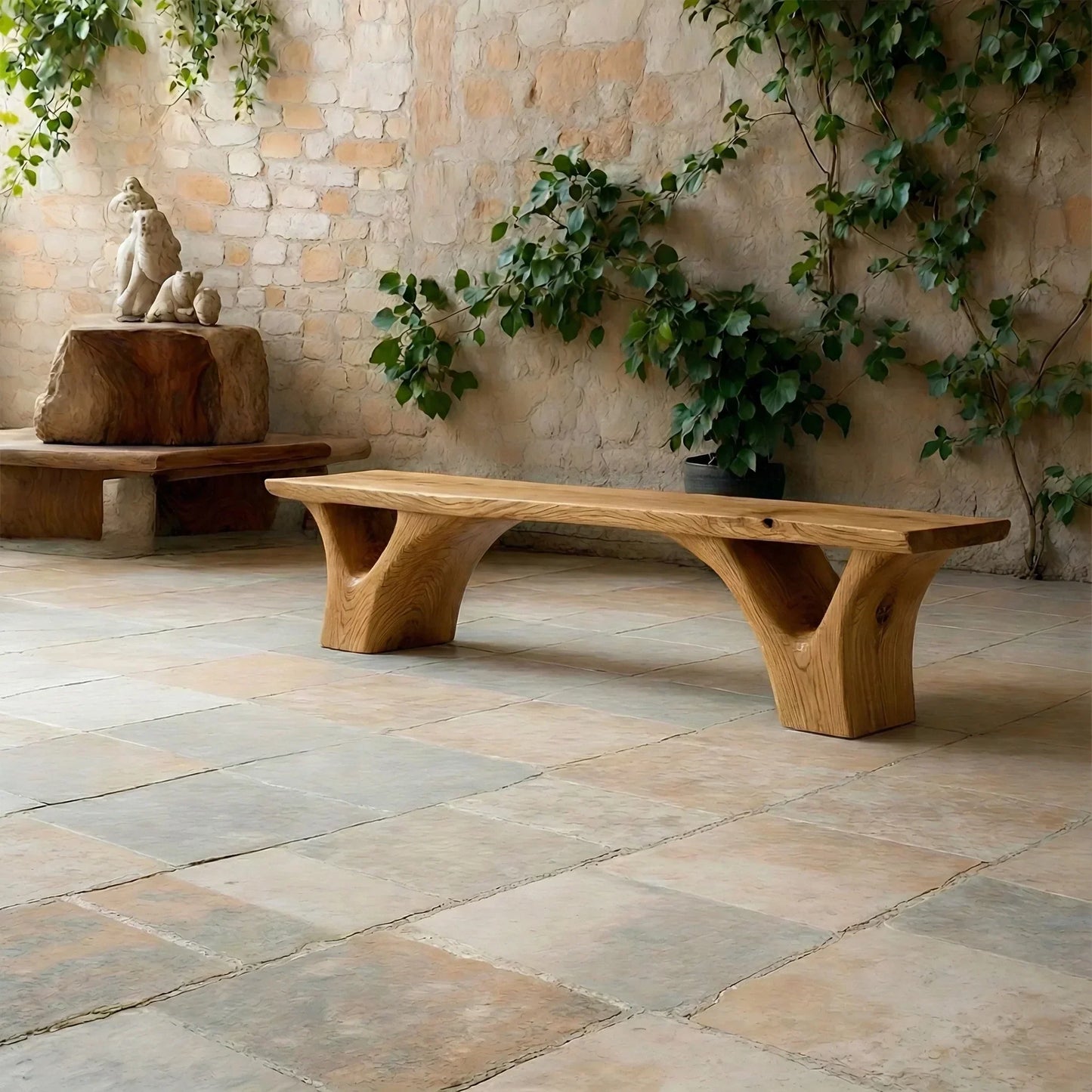 Sculpted Arch-Base Solid Wood Bench – Modern Fluid Silhouette - Rustirawood