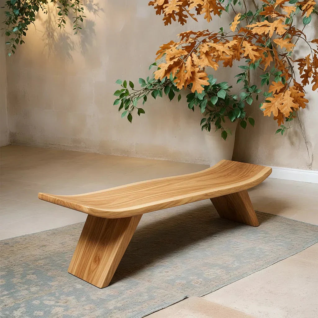 Sculpted Low-Profile Bench in Natural Solid Wood – Curved Edge Form - Rustirawood